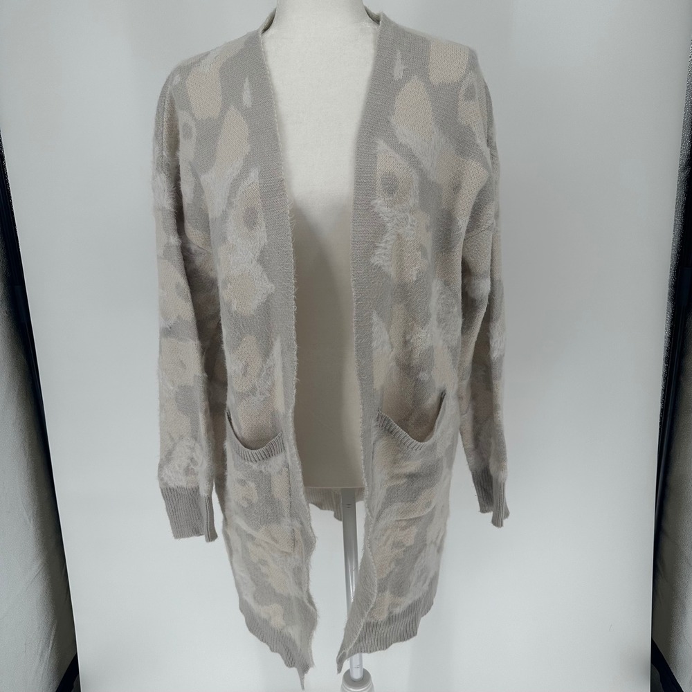 Anthropologies FATE Leopard Print‎ Fuzzy Cardigan Sweater Open Front Pockets M